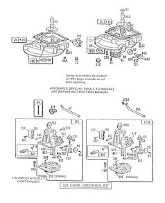 (2)sump Base Assembly (2) Carbs. Diagram and Parts List for 94988-0654-01  Briggs and Stratton Engine